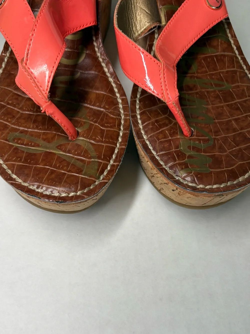 Sam Edelman Romy Croc Print Cork Wedge Thong Sandal US 7.5 Coral